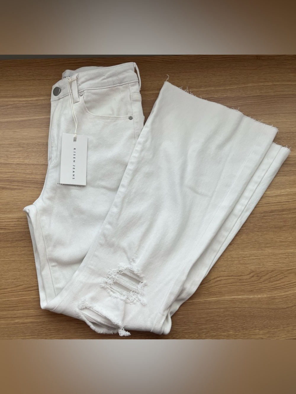 Risen White Flare Jeans Distressed High Rise Raw Hem Coastal Cowgirl S 27